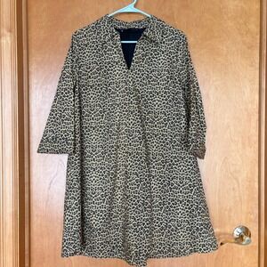 English Factory Leopard Cotton Shift Dress V-Neck Cuffed Sleeve Brown Tan S